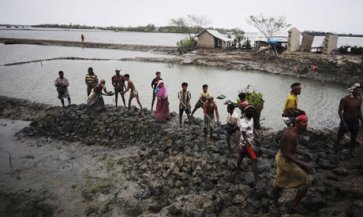 Bangladeshi villagers repair a vital flood-protecting embankment